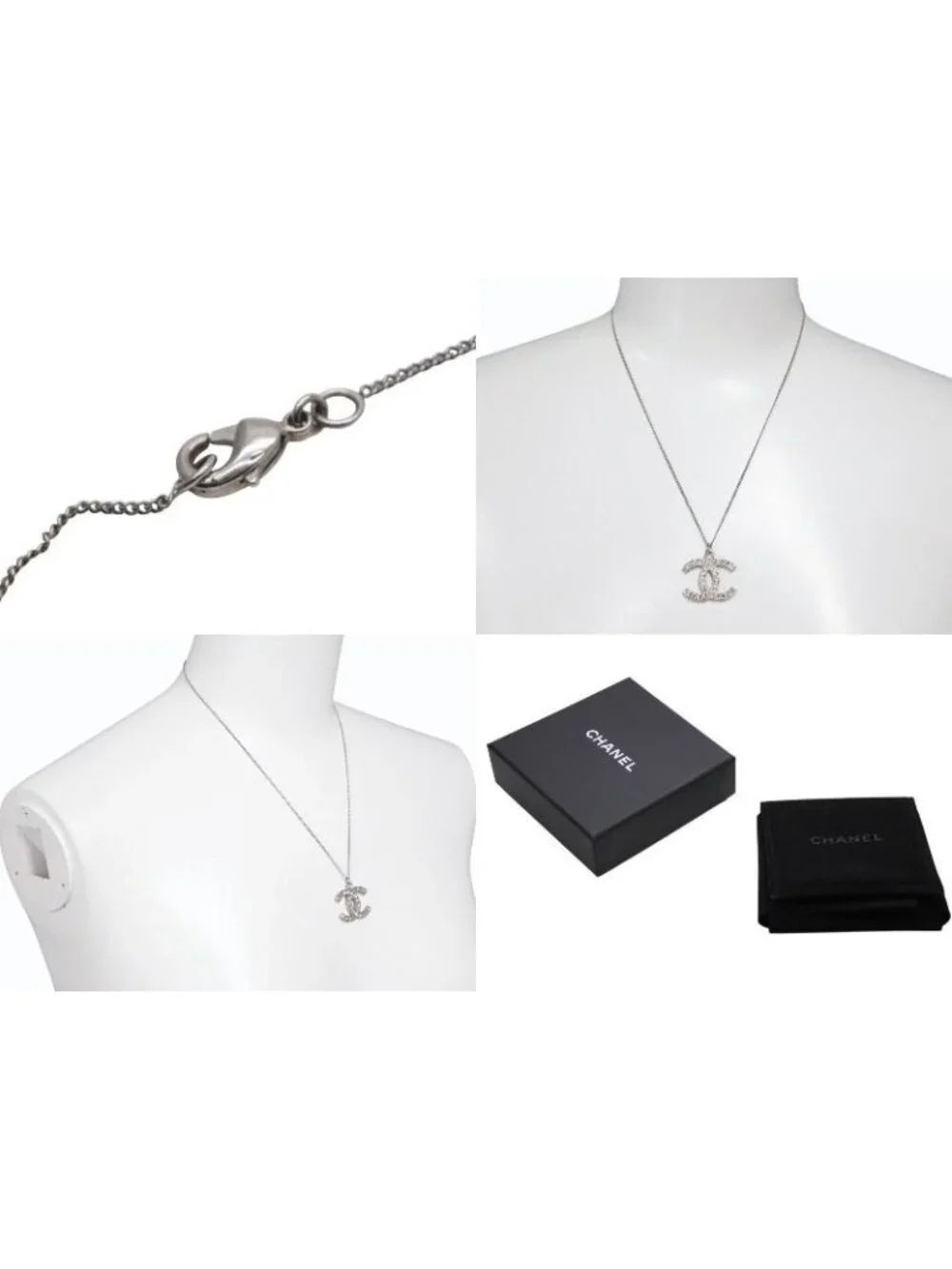 Chanel CC Logo Square Rhinestone Necklace 48 Silver Metal
